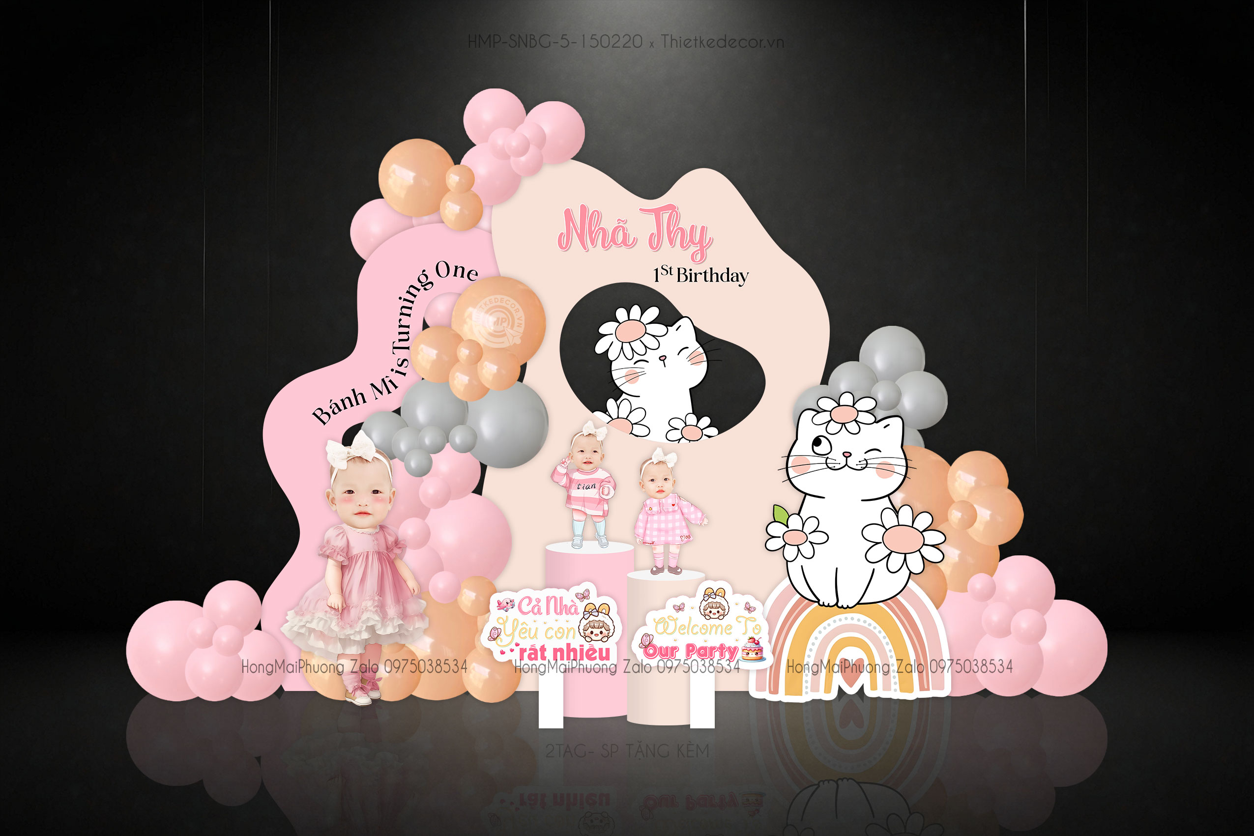 Sinh nhật bé gái chibi mèo tone hồng vàng